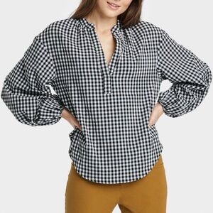 a new day Gingham Balloon Sleeve Split Neck Pullover Blouse